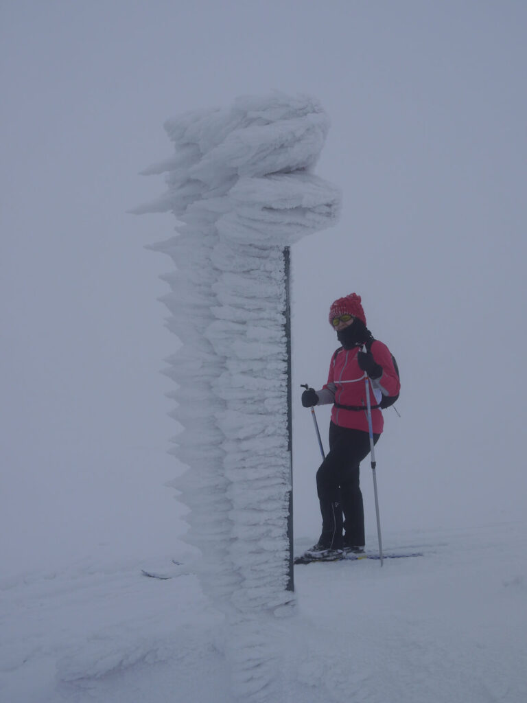 Anraum-Rauhreif an einer Winterwegmarkierung (Andreaskreuz) auf dem Winterweg vom Nipfjell zum Berg Städjan (1131 m) am 04.03.2014