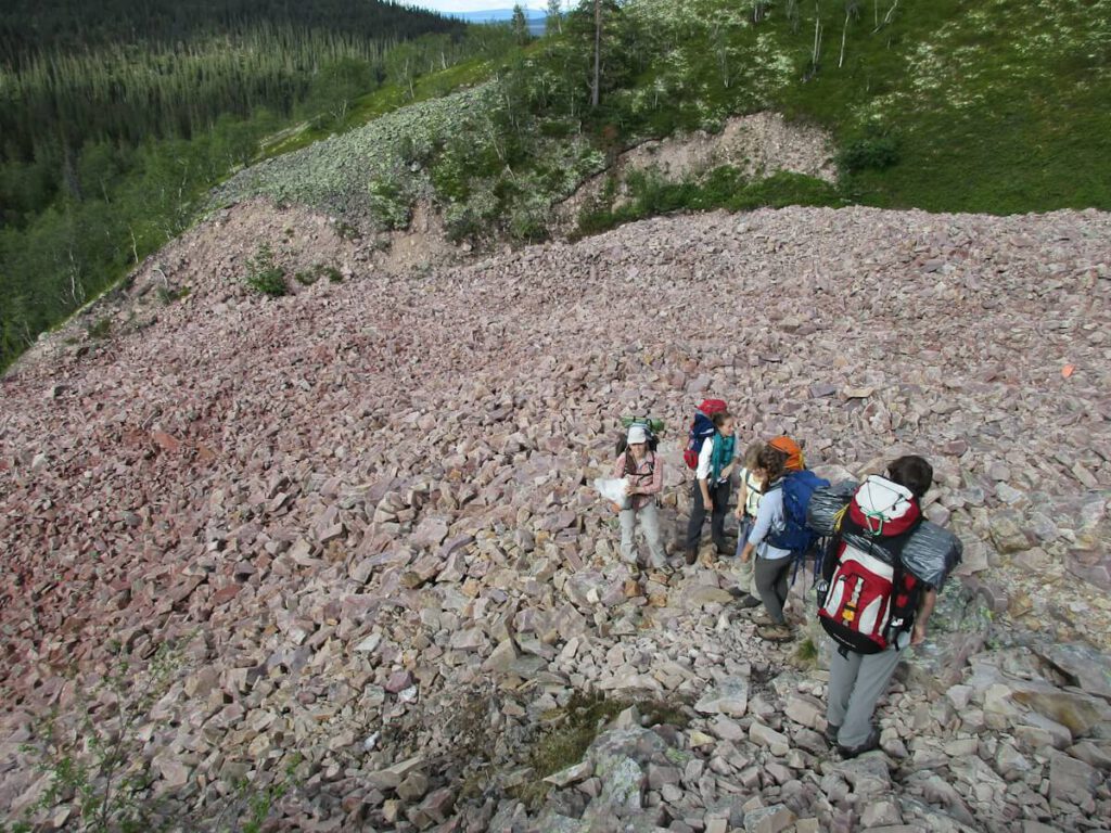 Blockhalde aus rotem Sandstein im Tal des Flusses Göljån am Fulufjell am 10.07.2016