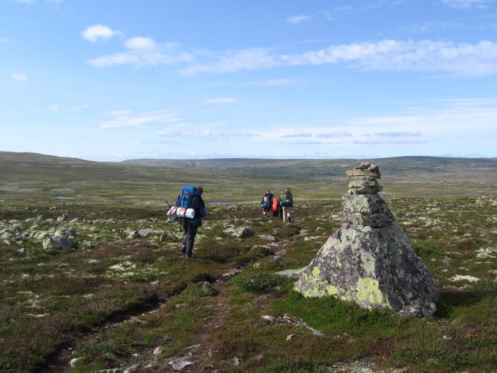 Trekkinggruppe auf dem Kahlen Fjell des Fulkufjells zwischen den Fjellhütten Särnmansstugan und Bergadalsstugan am 21.08.2008