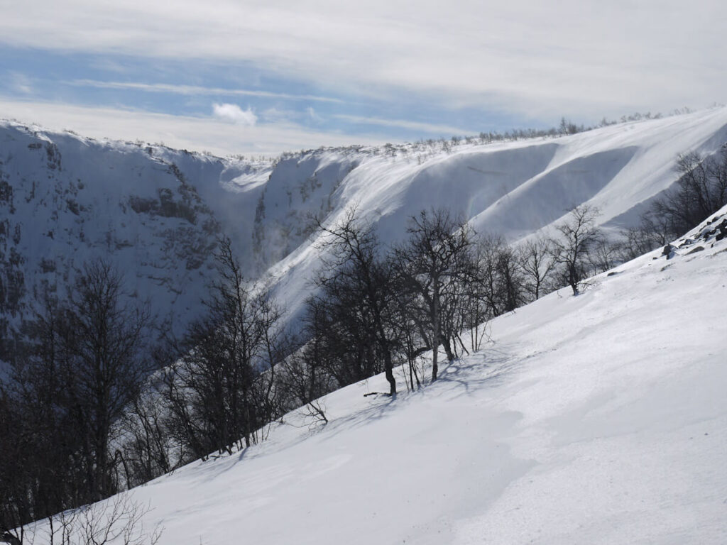 Blick in die Geländenische mit dem Wasserfall Njupeskär im Hintergrund an der Geländekante zum Hochplateau des Fulufjells an der Waldgrenze am 23.03.2015