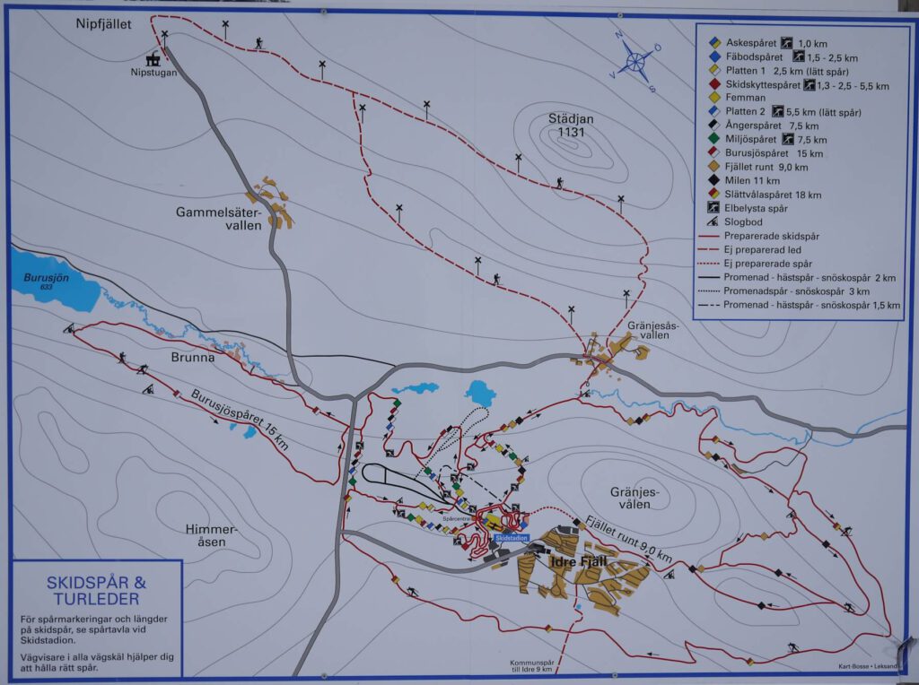 Karte der gespurten und ausgeschilderten Loipen und Winterwege im Skigebiet Idrefjäll am 21.02.2018