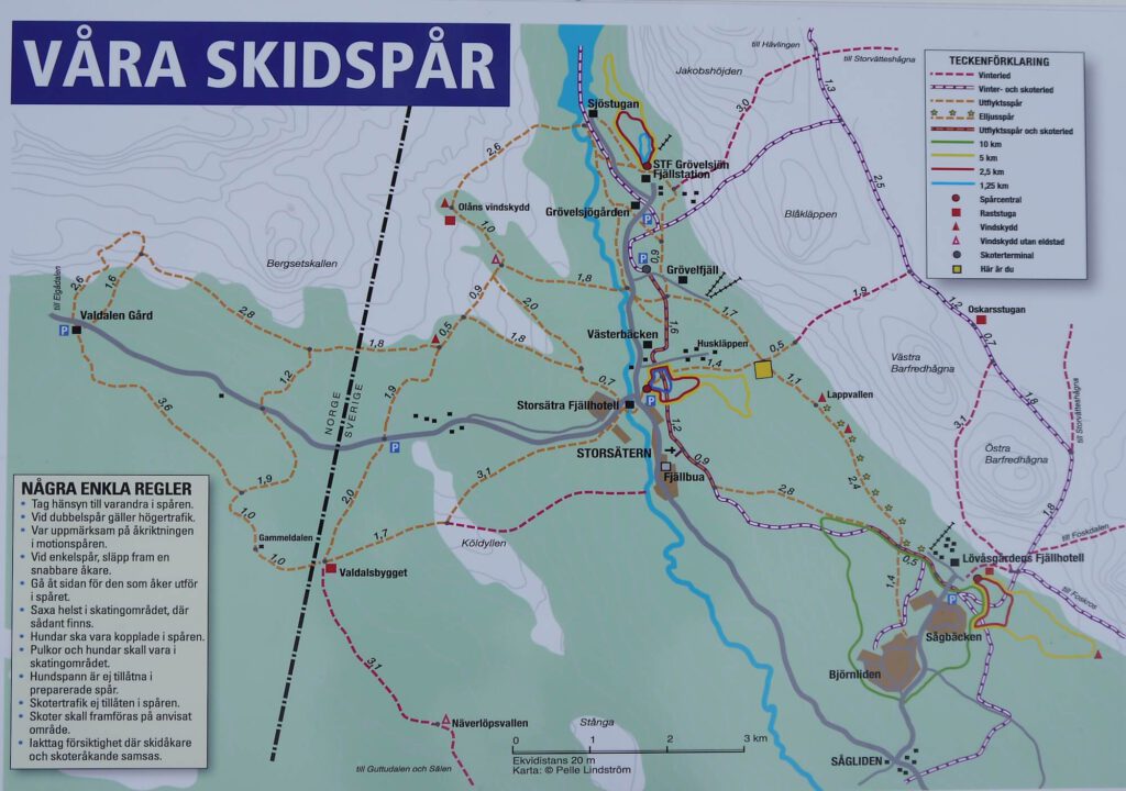 Karte der markierten Winterwege und der gespurten Loipen in der Umgebung von Grövelsjön am 20.02.1018