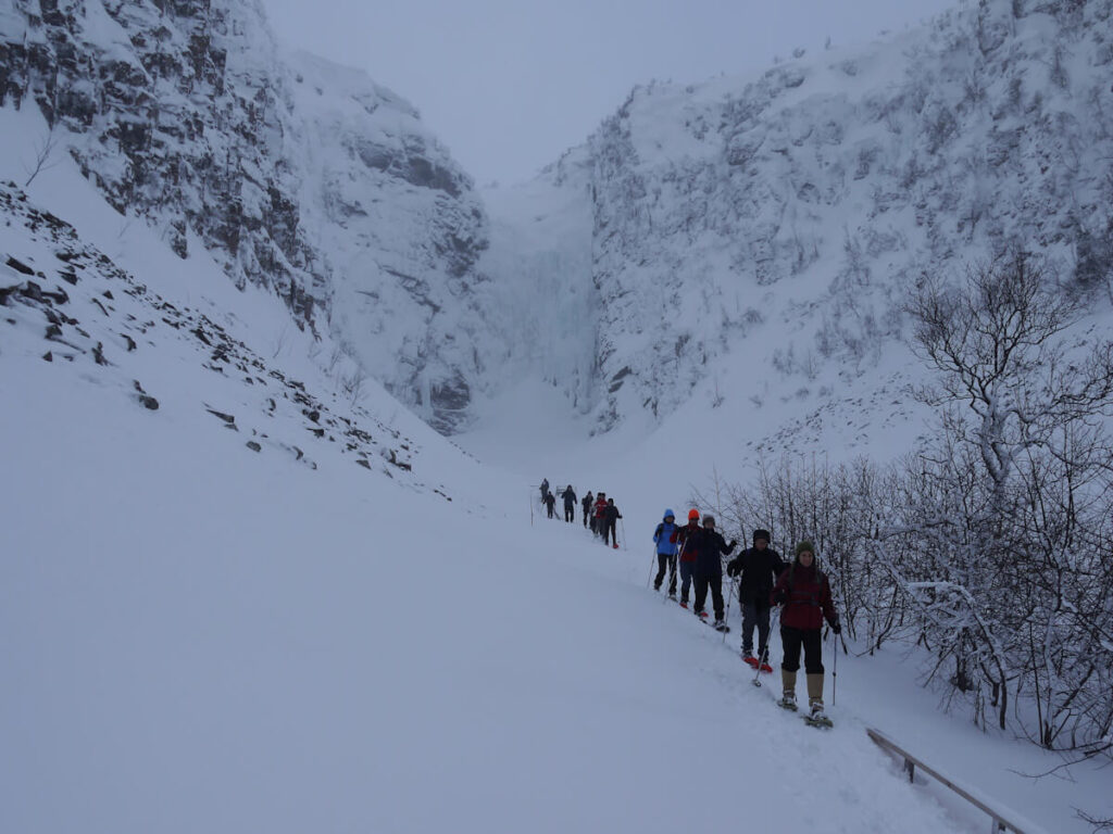 Eine Tourengruppe unterwegs am Wasserfall Njupeskär am Fulufjell am 24.02.2015