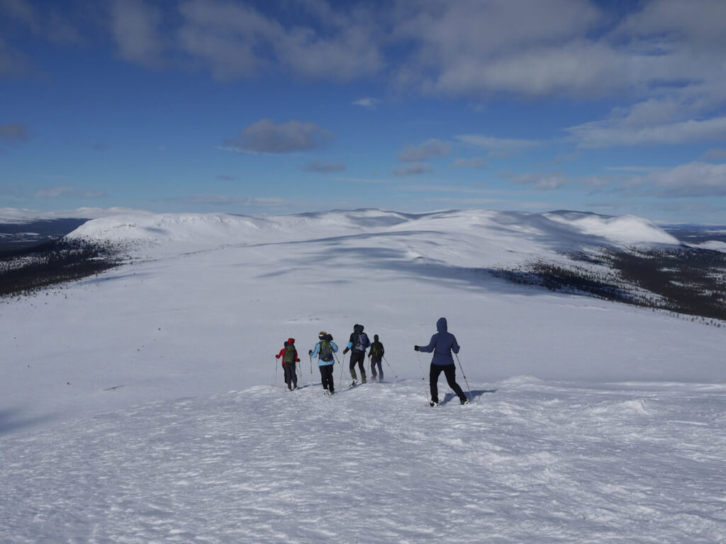 Tourengruppe beim Beginn des Abstiegs vom Hauptgipfel des Berges Städjan (1131 m) über den Nordwestgrat Richtung Nipfjell (im Hintergrund) am 21.03.2014