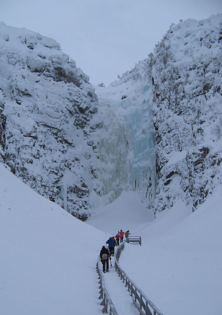 Tourengruppe vor dem gefrorenen Wasserfall Njupeskär am Fulufjell am 12.01.2008