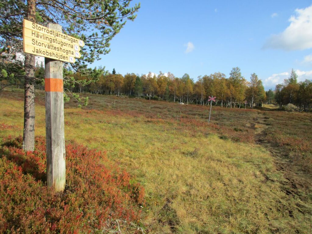 Am Beginn des Wanderpfades von Grövelsjön hinauf auf das Langfjell am 15.09.2016, der weiter zu den Seen Hävlingen (778 m) und Rogen (758 m) führt und der ein Teil des Fernwanderwegs "Südlicher Kungsleden" ist