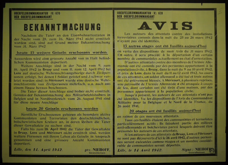 Bekanntmachung von Geiselerschießungen im Rahmen von Repressalien durch das NS-Besatzungsregime im besetzten Gebiet Frankreichs vom 14.04.1942.