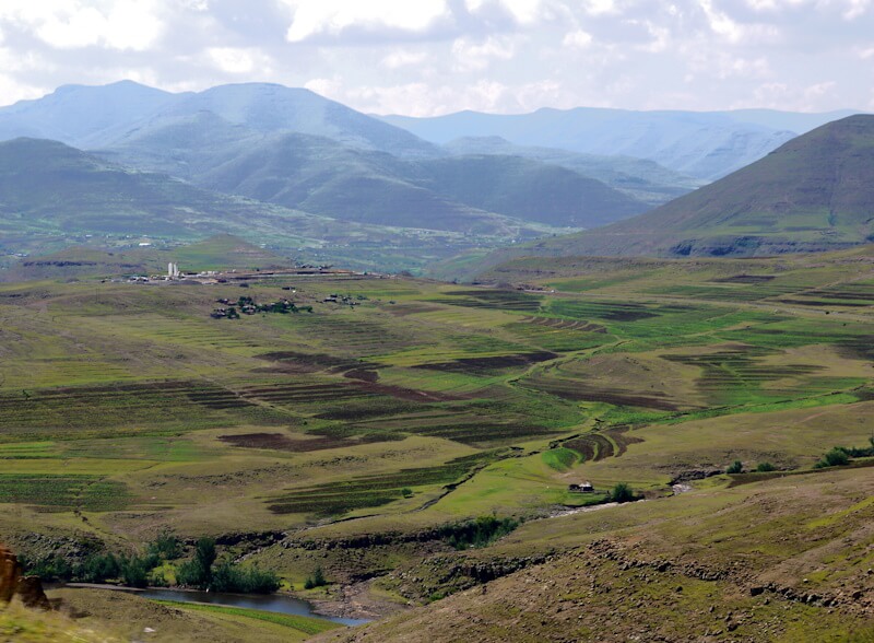 Agricultural landscape with terraced fields in the highlands of Lesotho on December 14, 2025.