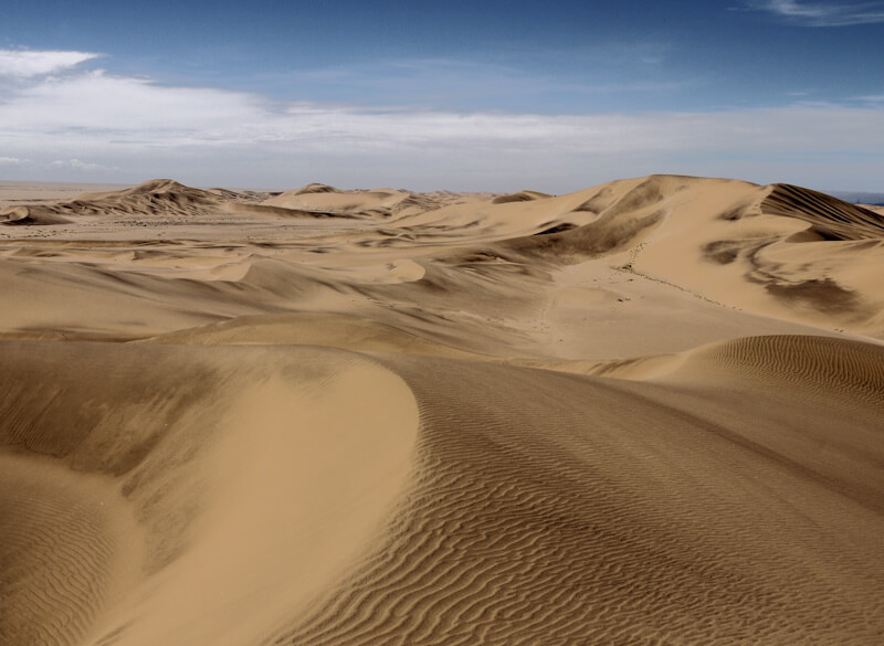 Dune landscape in the Namib Desert south of the town of Swakopmund on November 13, 2025.