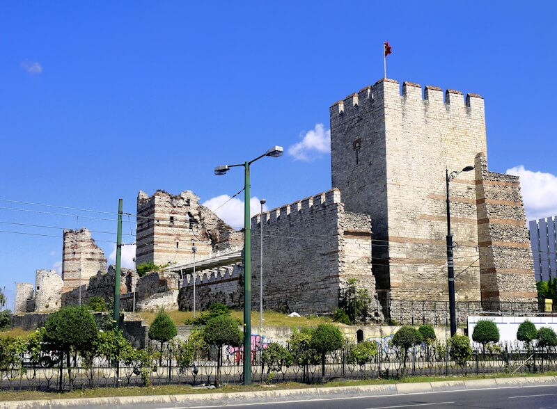 A section of the Theodosian Walls of the ancient world city of Constantinople, now part of the megacity of Istanbul, photographed on September 4, 2023, during my cycling travel through southeastern Europe.